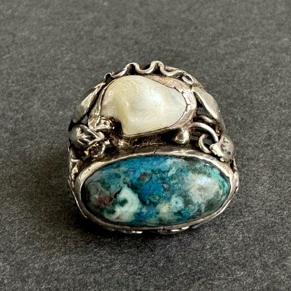 Vintage Art Nouveau Ring Pearl Sterling Silver Arts & Crafts Blue Floral 8.25 - Picture 6 of 15
